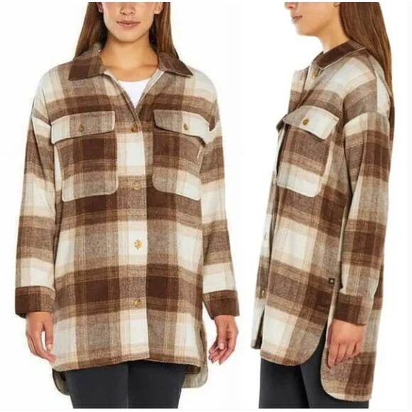 Banana Republic Plaid Flannel Shacket Button Down Brown Wool Blend Oversize S - Picture 1 of 6